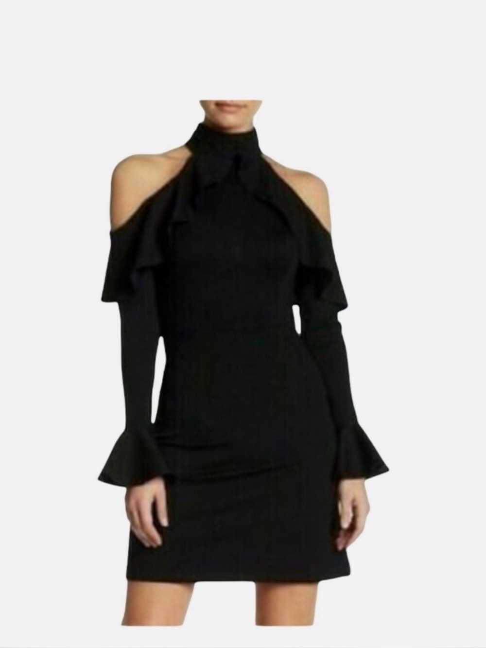 Black Cold-Shoulder Ruffle Mini Dress with High Neck
